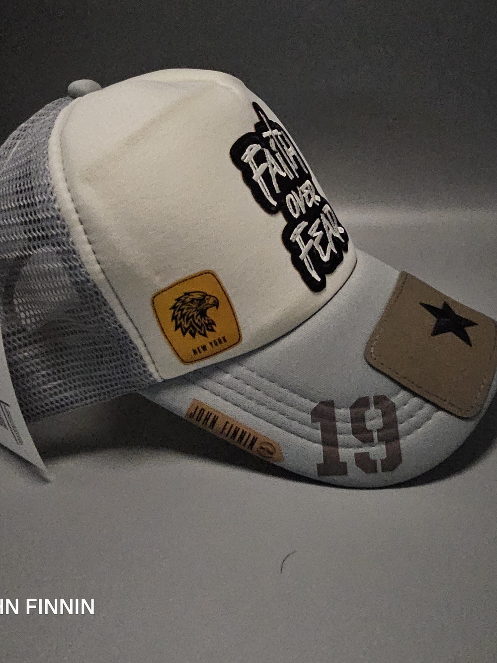 White and Gray Trucker Cap with Patch Details